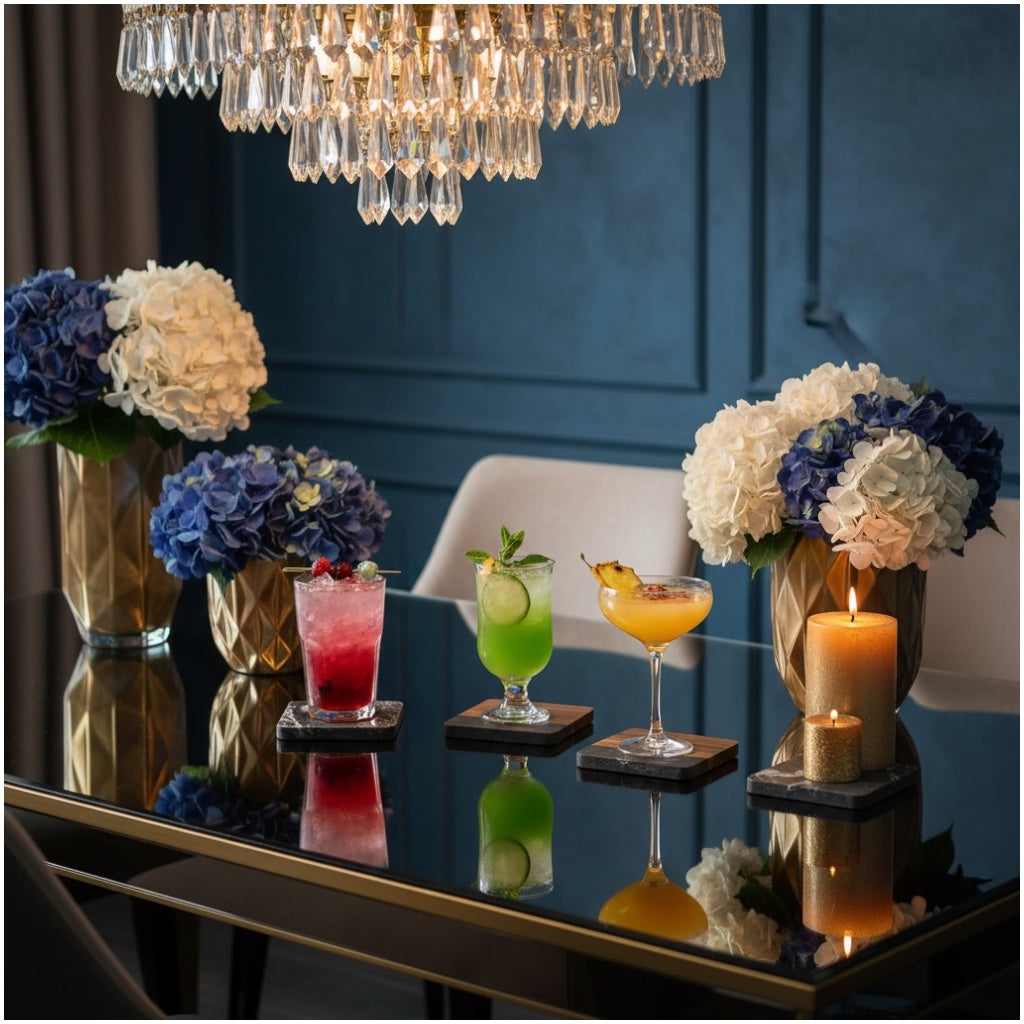 Elegant Marble and Acacia Wood Coasters - Set of 4 -Square Anti Slip Design