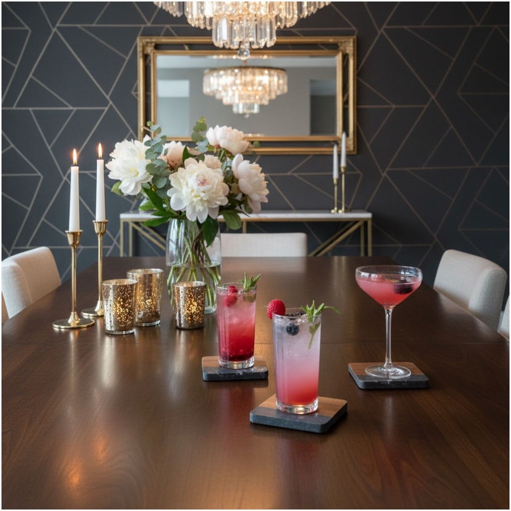 Elegant Marble and Acacia Wood Coasters - Set of 4 -Square Anti Slip Design