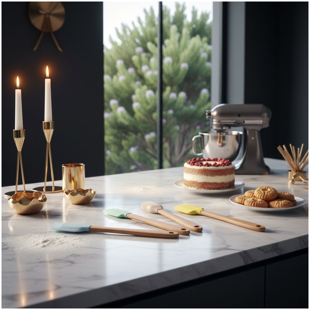 5-Piece Mini Silicone Baking Spatula Set with Bamboo Handles – Pastel Colour