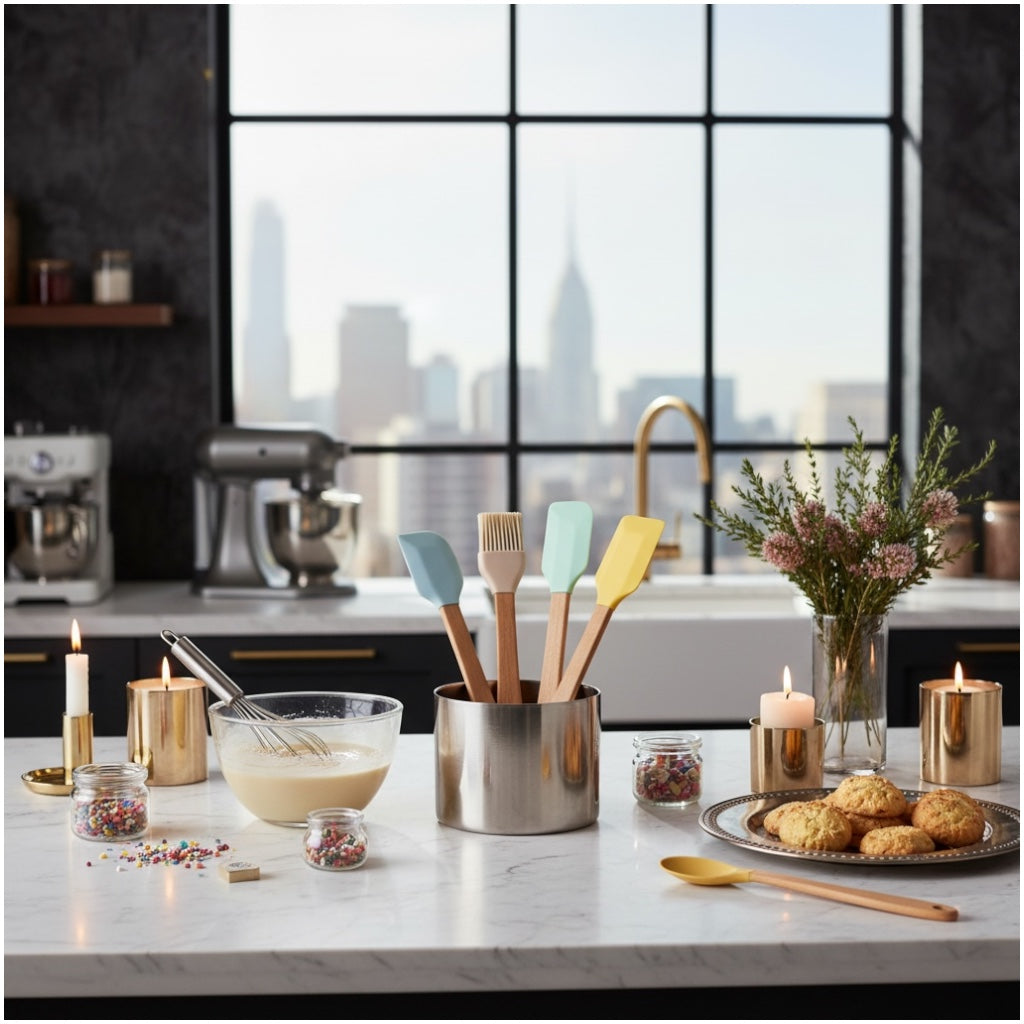 5-Piece Mini Silicone Baking Spatula Set with Bamboo Handles – Pastel Colour