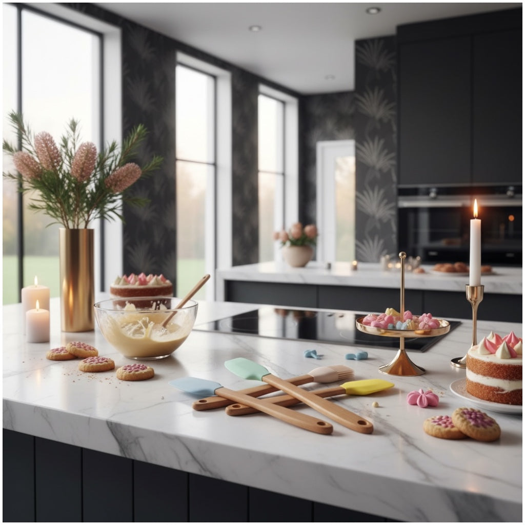 5-Piece Mini Silicone Baking Spatula Set with Bamboo Handles – Pastel Colour