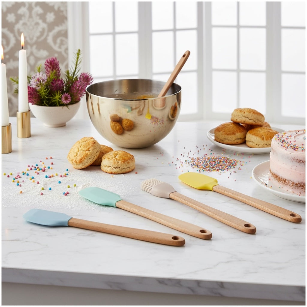 5-Piece Mini Silicone Baking Spatula Set with Bamboo Handles – Pastel Colour