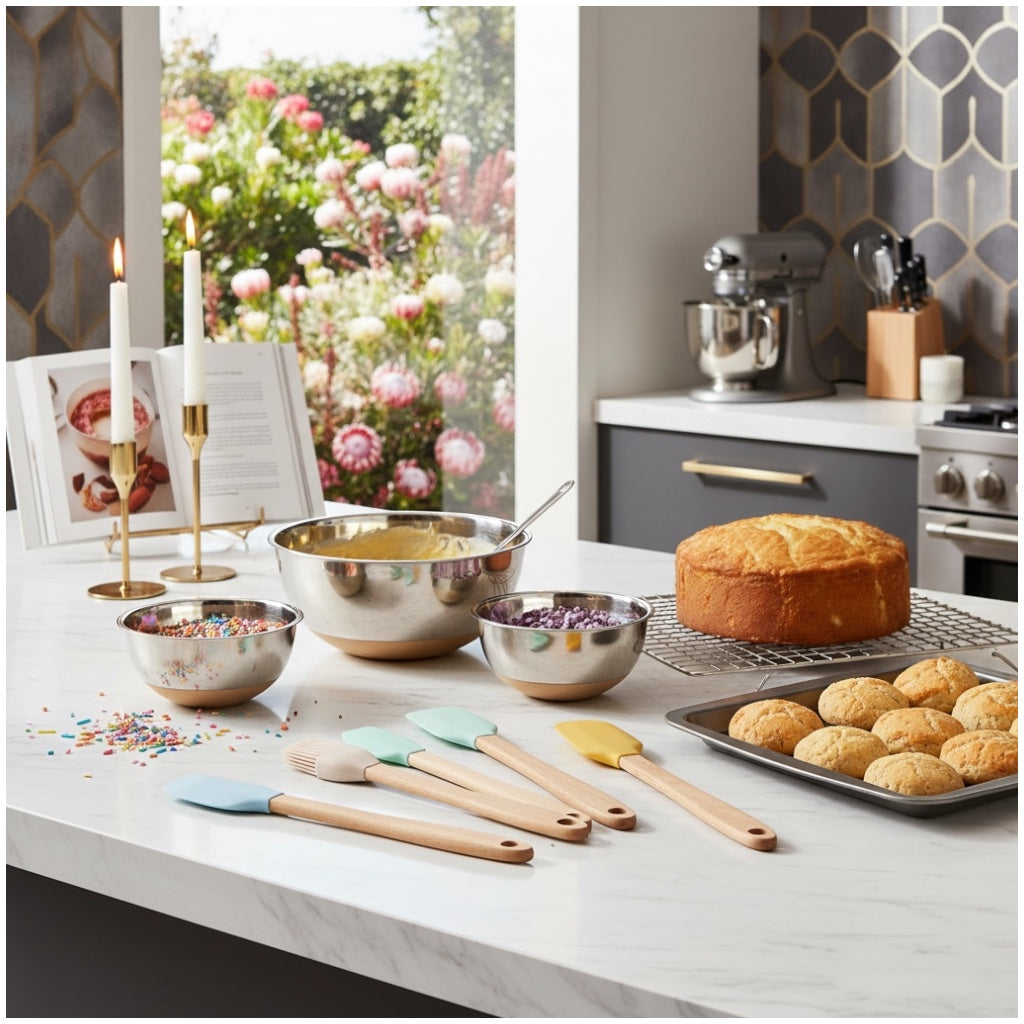 5-Piece Mini Silicone Baking Spatula Set with Bamboo Handles – Pastel Colour