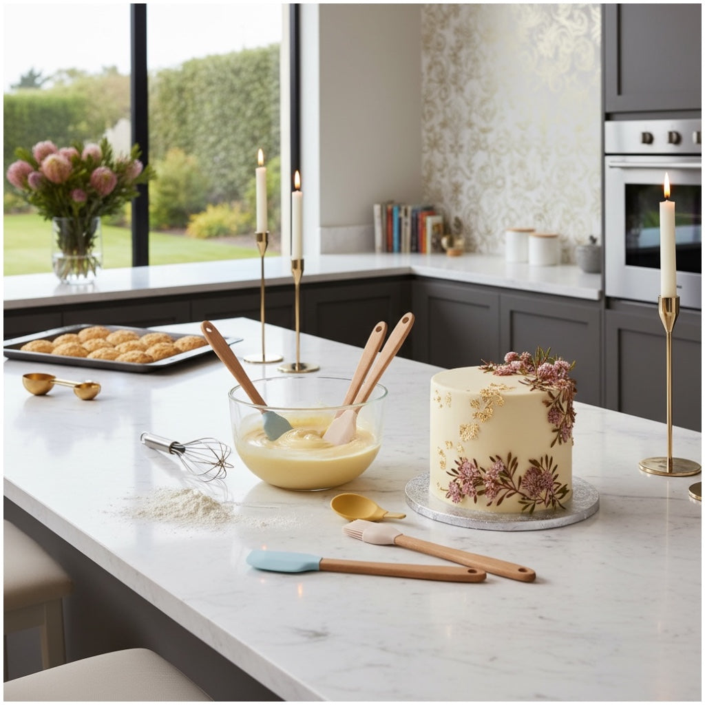 5-Piece Mini Silicone Baking Spatula Set with Bamboo Handles – Pastel Colour