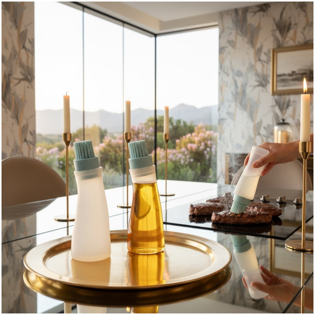 2-in-1 Silicone Oil Dispenser Bottle with Silicone Basting Brush – Controlled Drip Design(Set of 2)