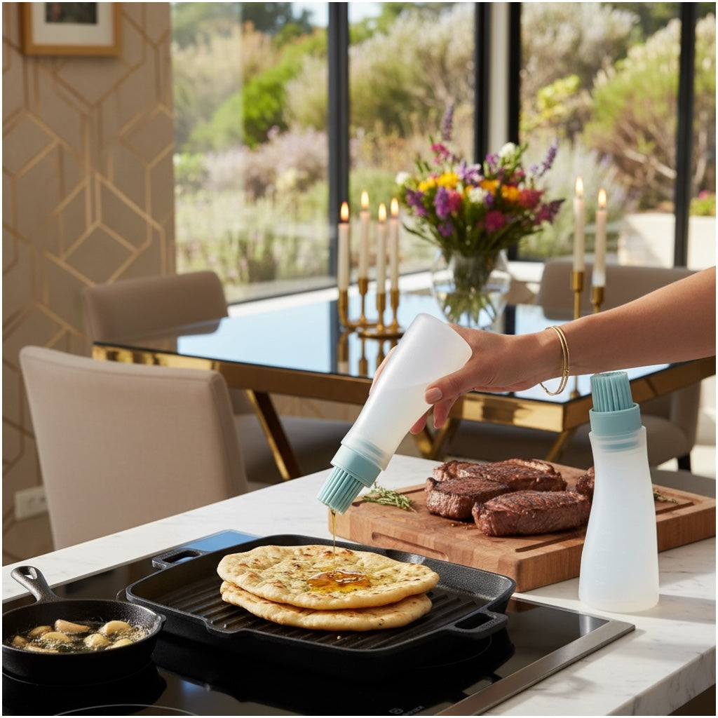 2-in-1 Silicone Oil Dispenser Bottle with Silicone Basting Brush – Controlled Drip Design(Set of 2)