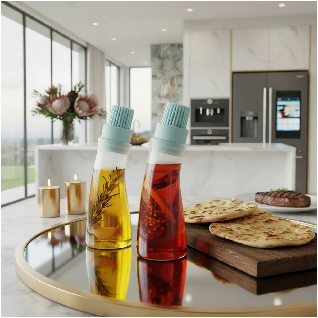 2-in-1 Silicone Oil Dispenser Bottle with Silicone Basting Brush – Controlled Drip Design(Set of 2)
