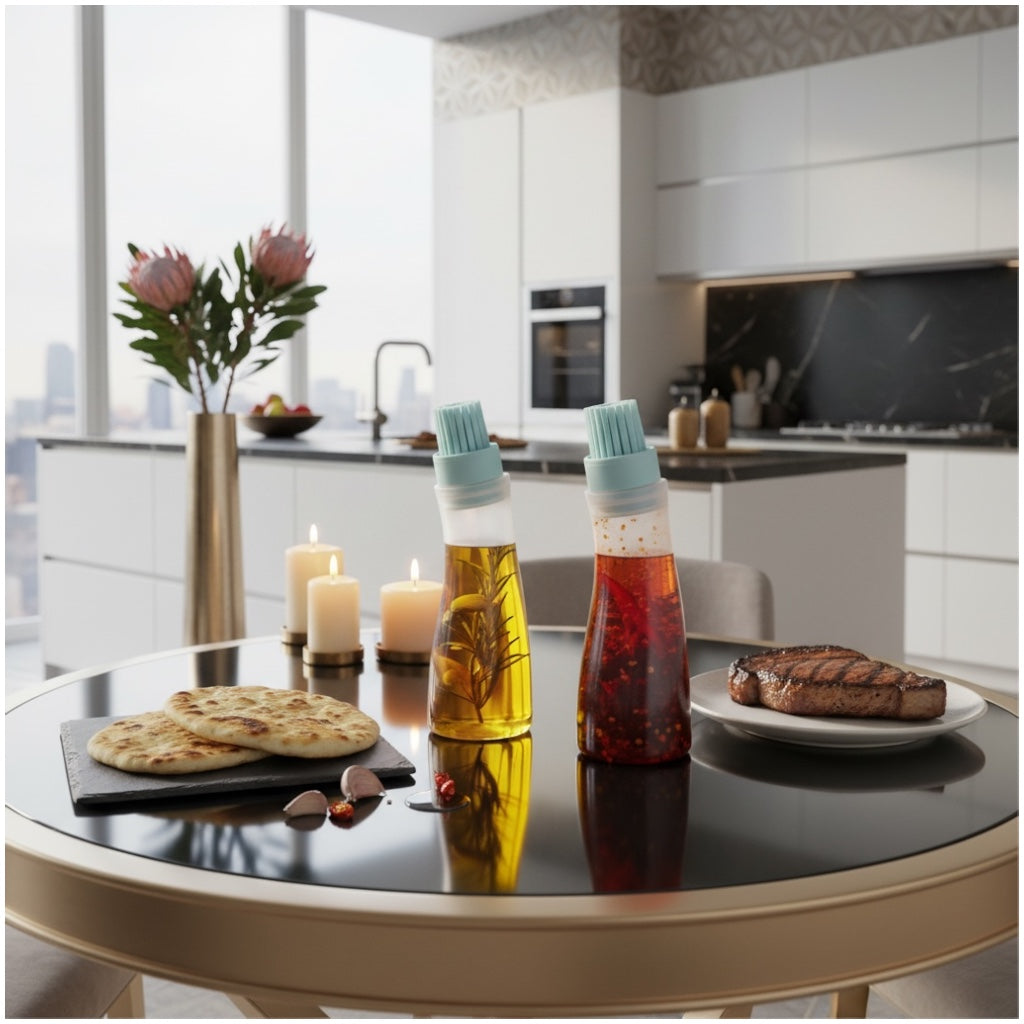 2-in-1 Silicone Oil Dispenser Bottle with Silicone Basting Brush – Controlled Drip Design(Set of 2)