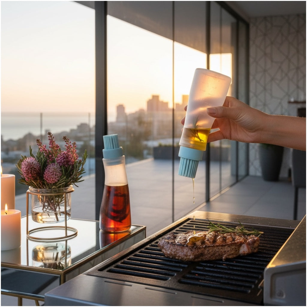 2-in-1 Silicone Oil Dispenser Bottle with Silicone Basting Brush – Controlled Drip Design(Set of 2)