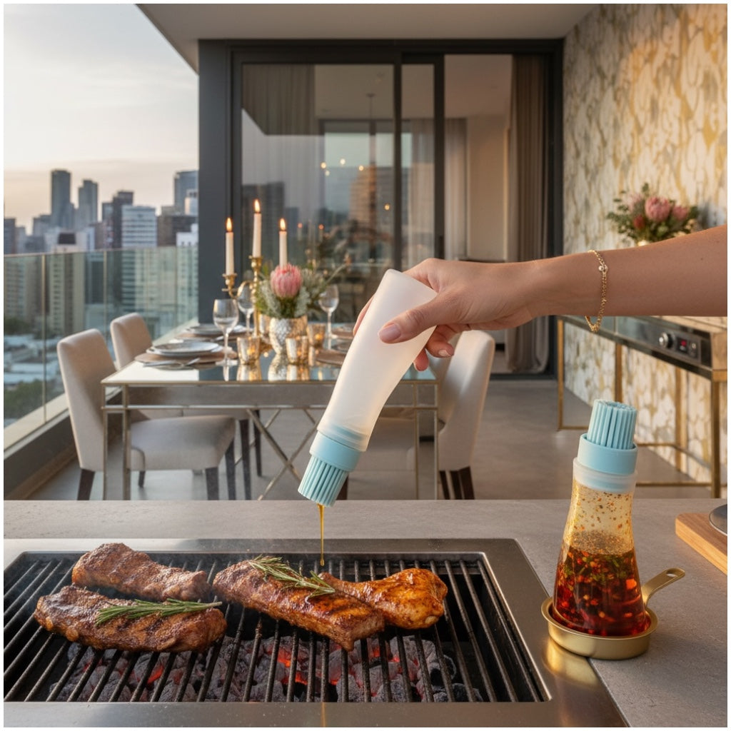 2-in-1 Silicone Oil Dispenser Bottle with Silicone Basting Brush – Controlled Drip Design(Set of 2)