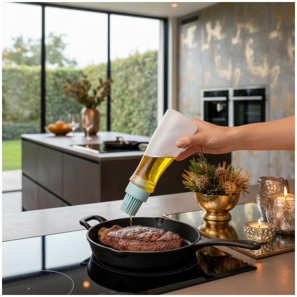 2-in-1 Silicone Oil Dispenser Bottle with Silicone Basting Brush – Controlled Drip Design(Set of 2)