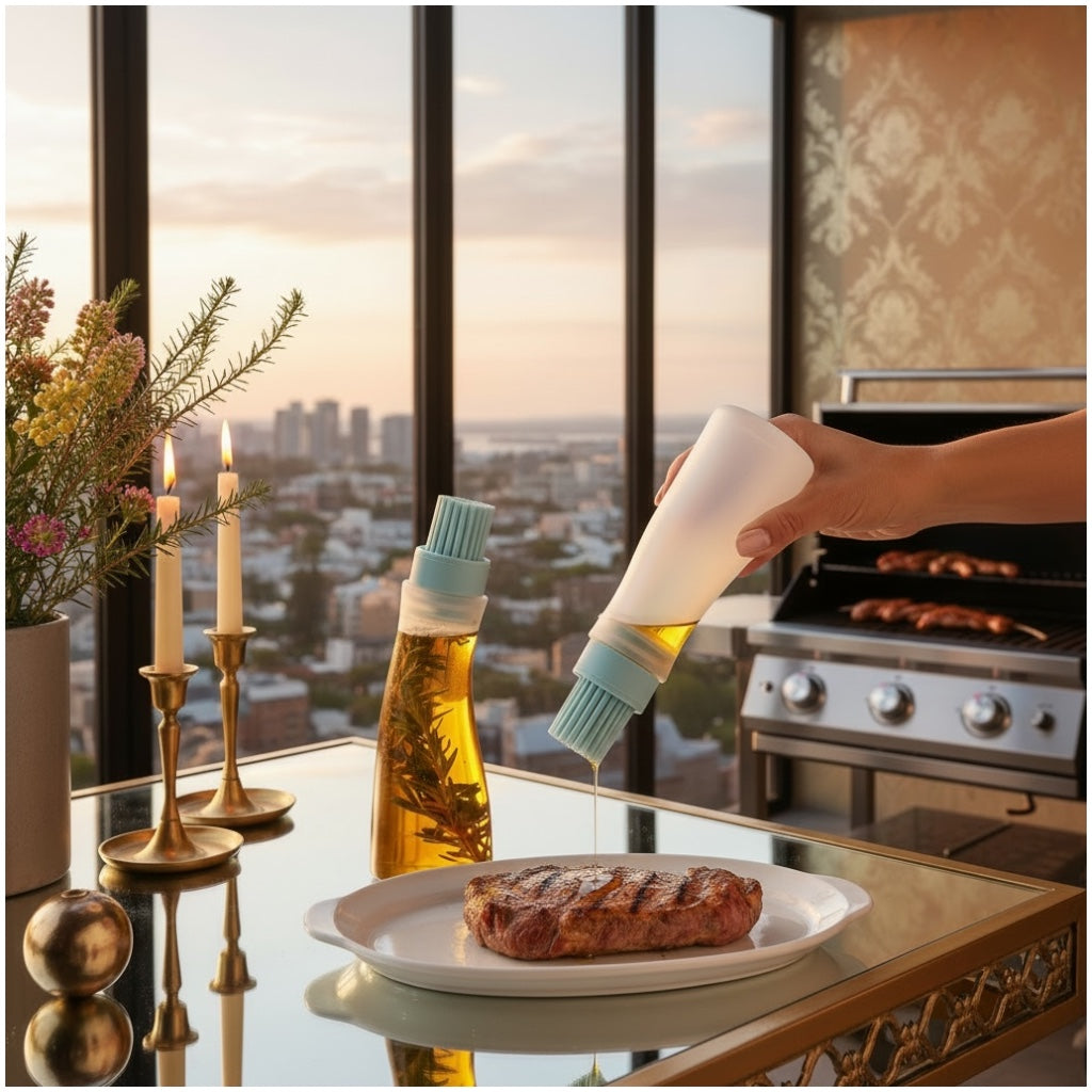 2-in-1 Silicone Oil Dispenser Bottle with Silicone Basting Brush – Controlled Drip Design(Set of 2)