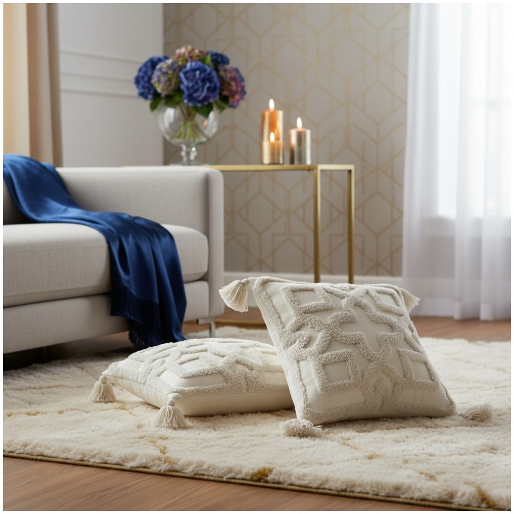 Elegant Tufted Cushion Covers - Set of 2 - Tassels Textured Decor 45x45cm