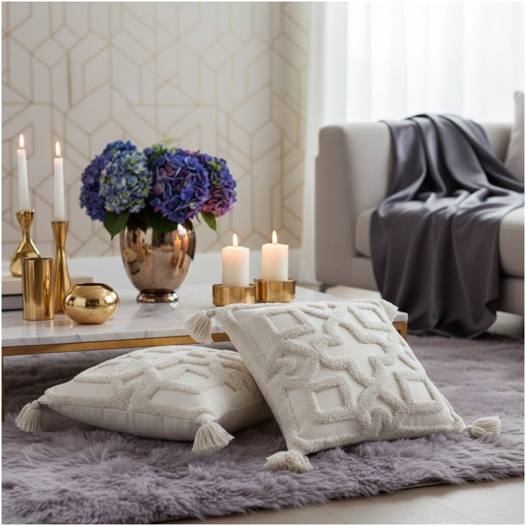 Elegant Tufted Cushion Covers - Set of 2 - Tassels Textured Decor 45x45cm