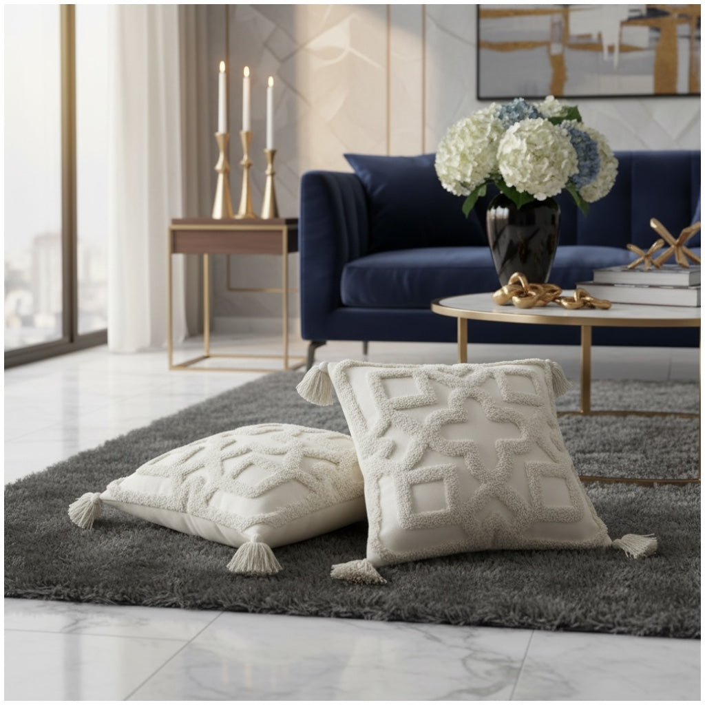 Elegant Tufted Cushion Covers - Set of 2 - Tassels Textured Decor 45x45cm