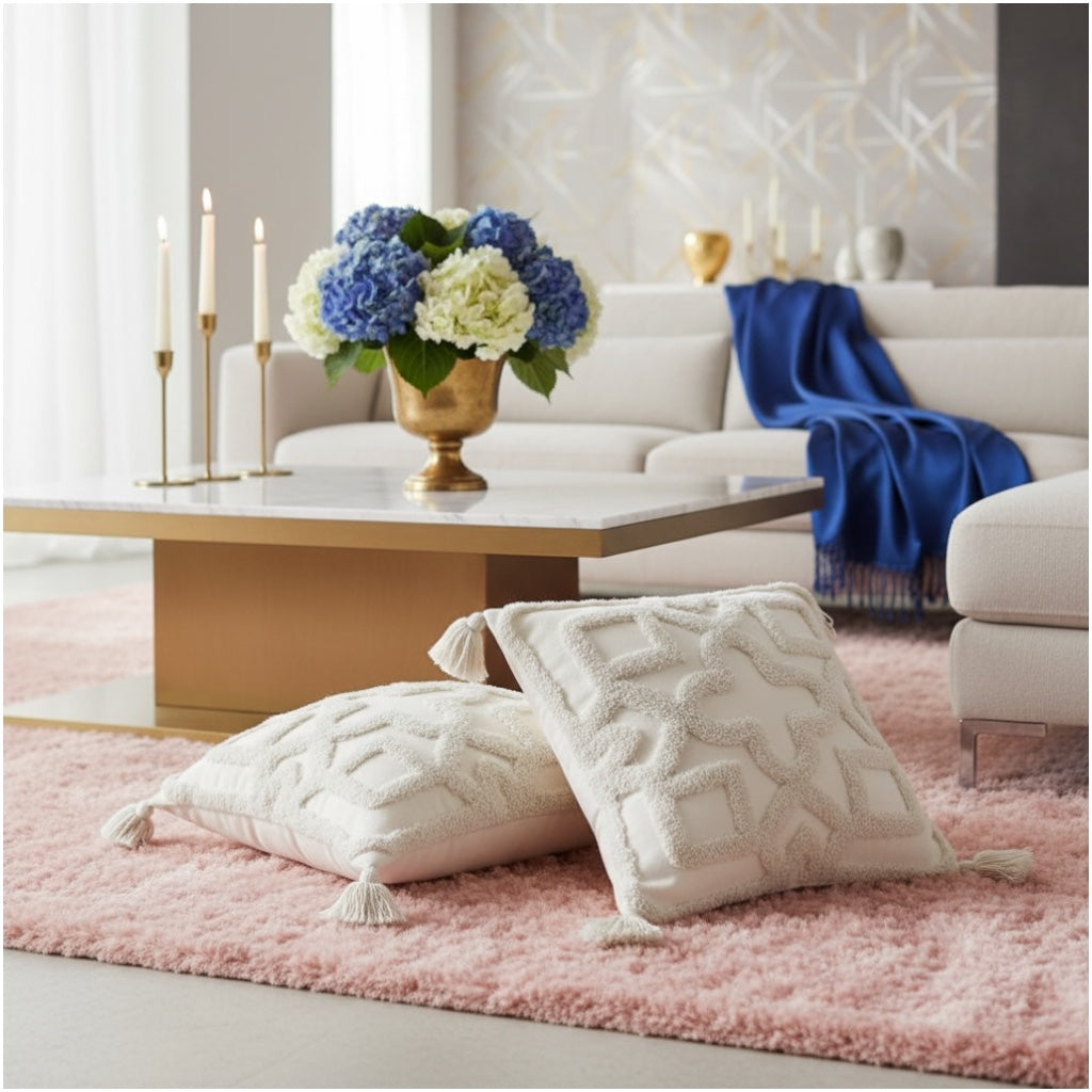 Elegant Tufted Cushion Covers - Set of 2 - Tassels Textured Decor 45x45cm