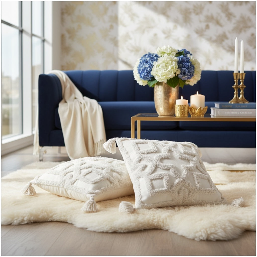 Elegant Tufted Cushion Covers - Set of 2 - Tassels Textured Decor 45x45cm