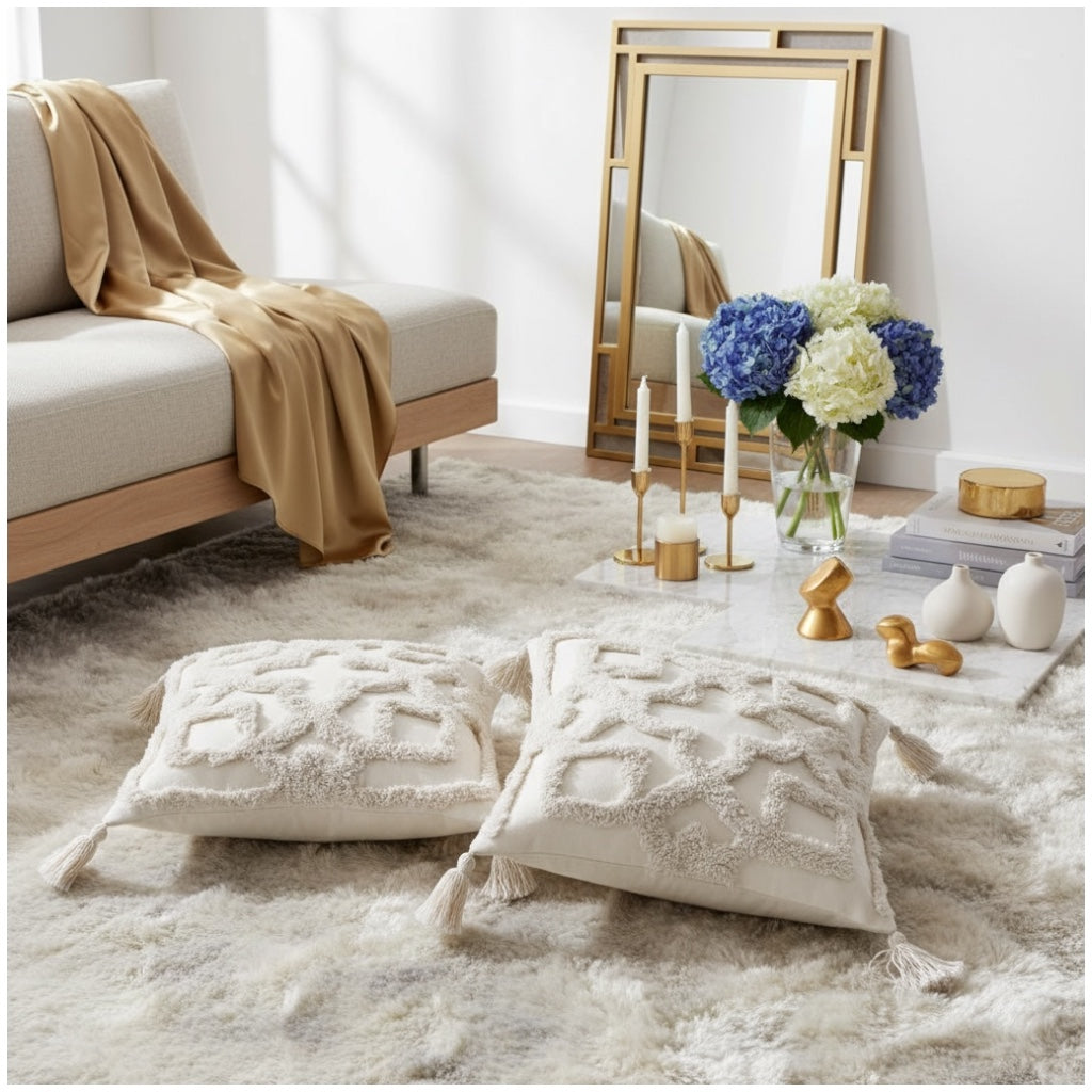 Elegant Tufted Cushion Covers - Set of 2 - Tassels Textured Decor 45x45cm
