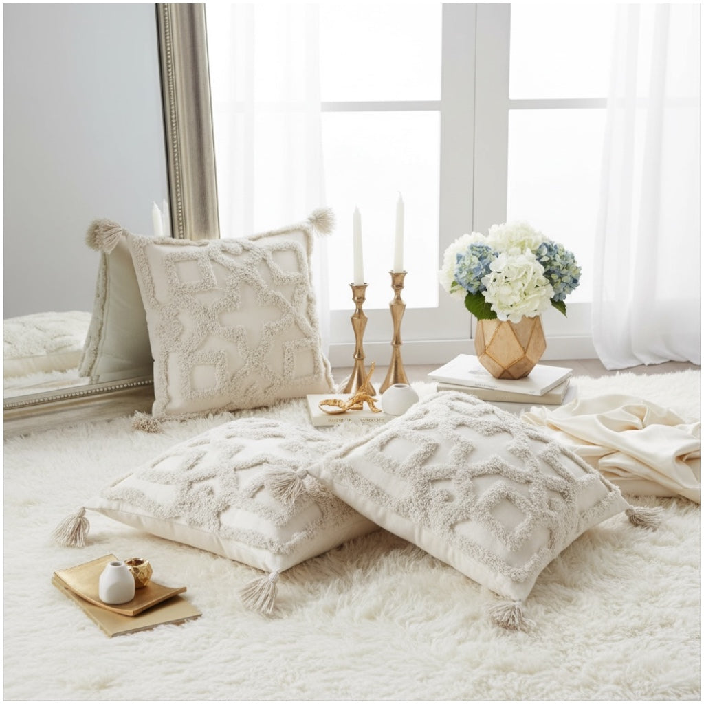 Elegant Tufted Cushion Covers - Set of 2 - Tassels Textured Decor 45x45cm