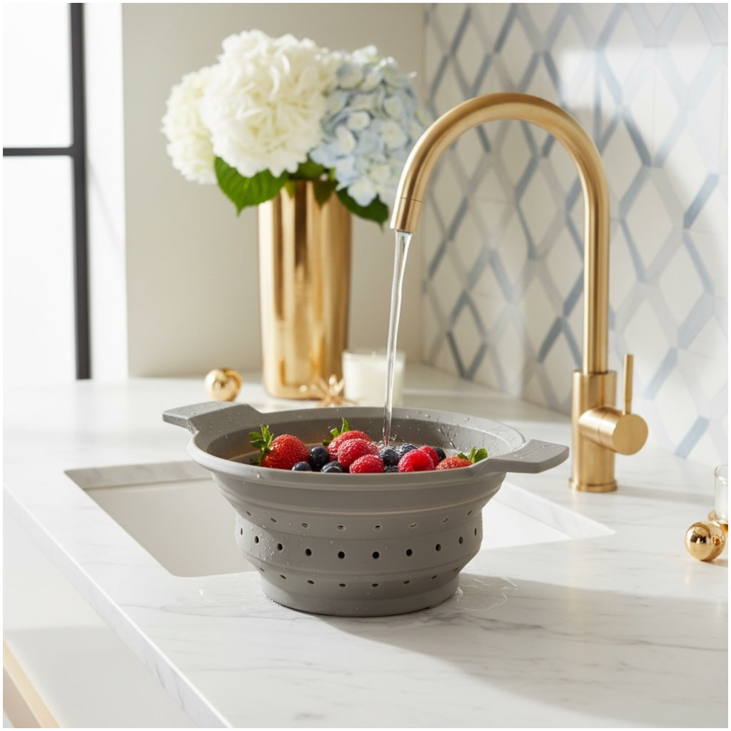 Essential Collapsible Silicone Kitchen Colander- Grey Space-Saving Colander