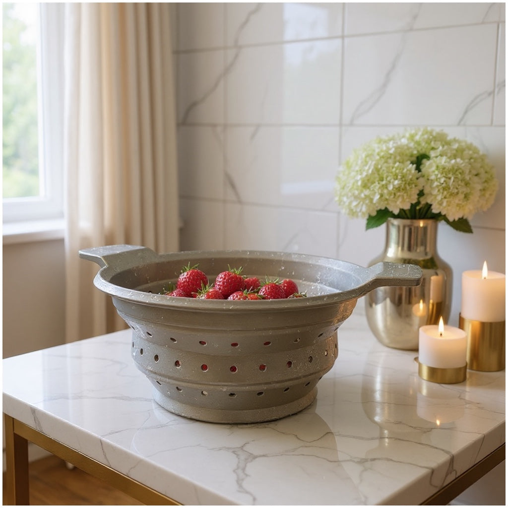 Essential Collapsible Silicone Kitchen Colander- Grey Space-Saving Colander