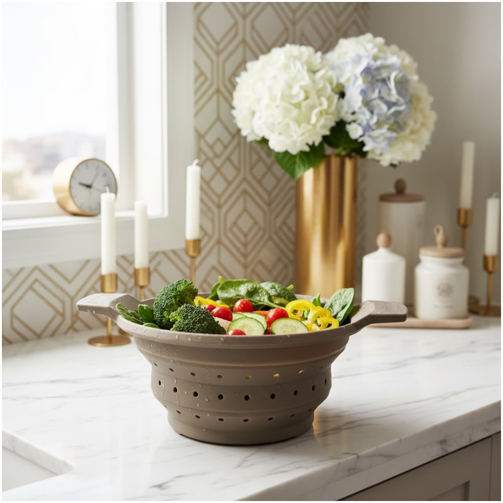 Essential Collapsible Silicone Kitchen Colander- Grey Space-Saving Colander