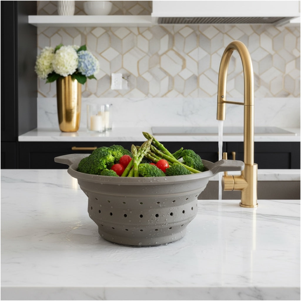 Essential Collapsible Silicone Kitchen Colander- Grey Space-Saving Colander