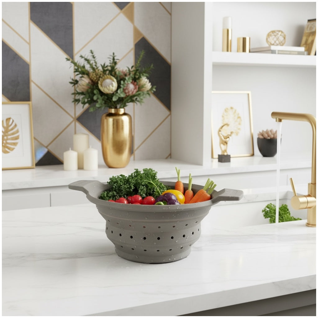 Essential Collapsible Silicone Kitchen Colander- Grey Space-Saving Colander