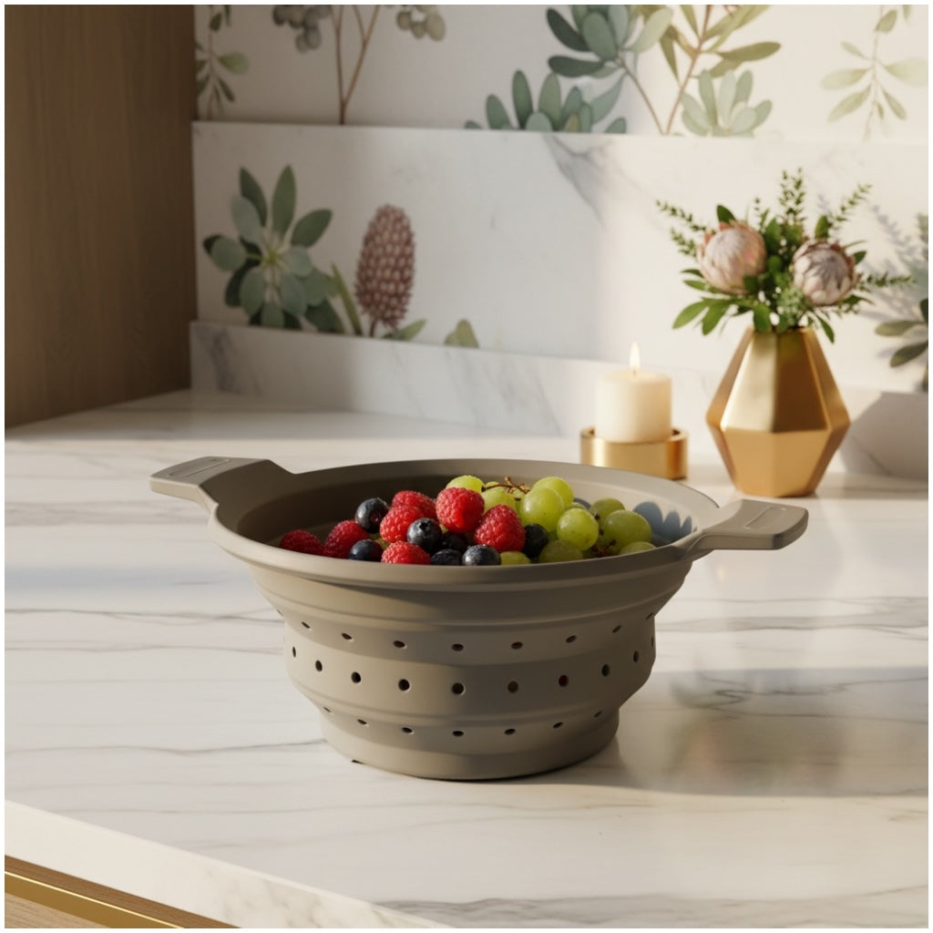 Essential Collapsible Silicone Kitchen Colander- Grey Space-Saving Colander