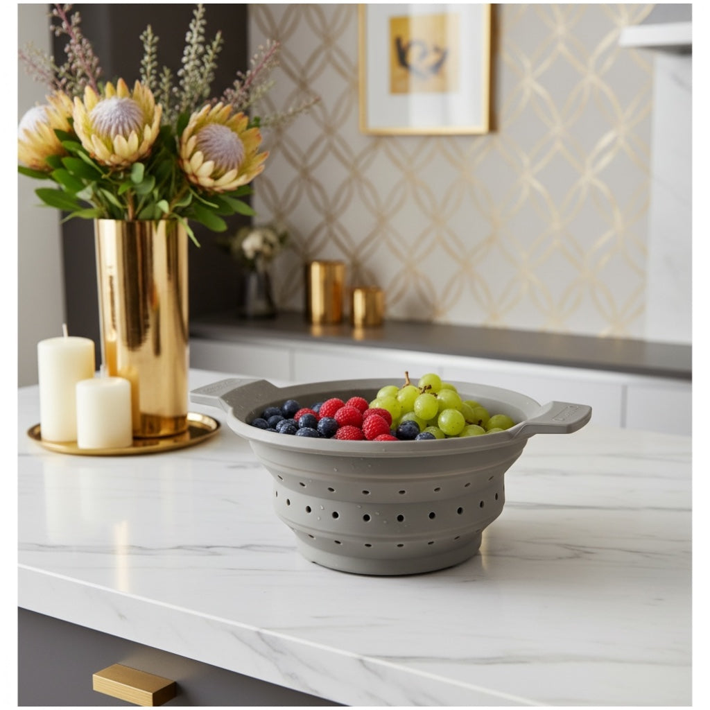 Essential Collapsible Silicone Kitchen Colander- Grey Space-Saving Colander