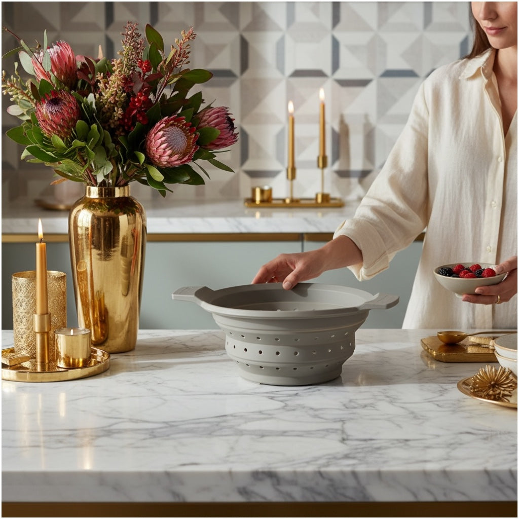 Essential Collapsible Silicone Kitchen Colander- Grey Space-Saving Colander