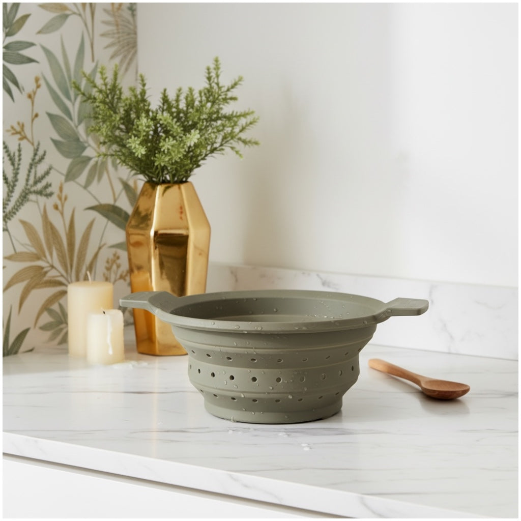 Essential Collapsible Silicone Kitchen Colander- Grey Space-Saving Colander