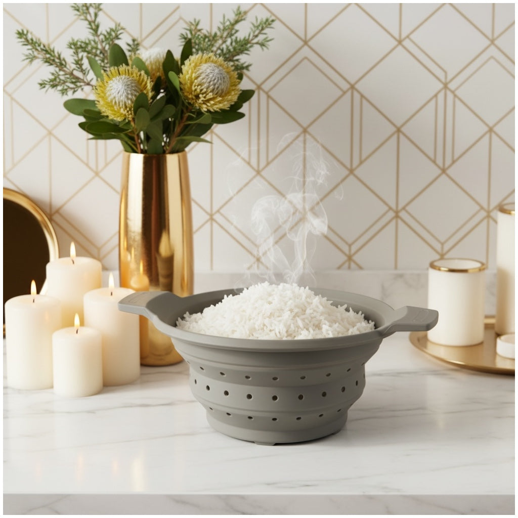 Essential Collapsible Silicone Kitchen Colander- Grey Space-Saving Colander