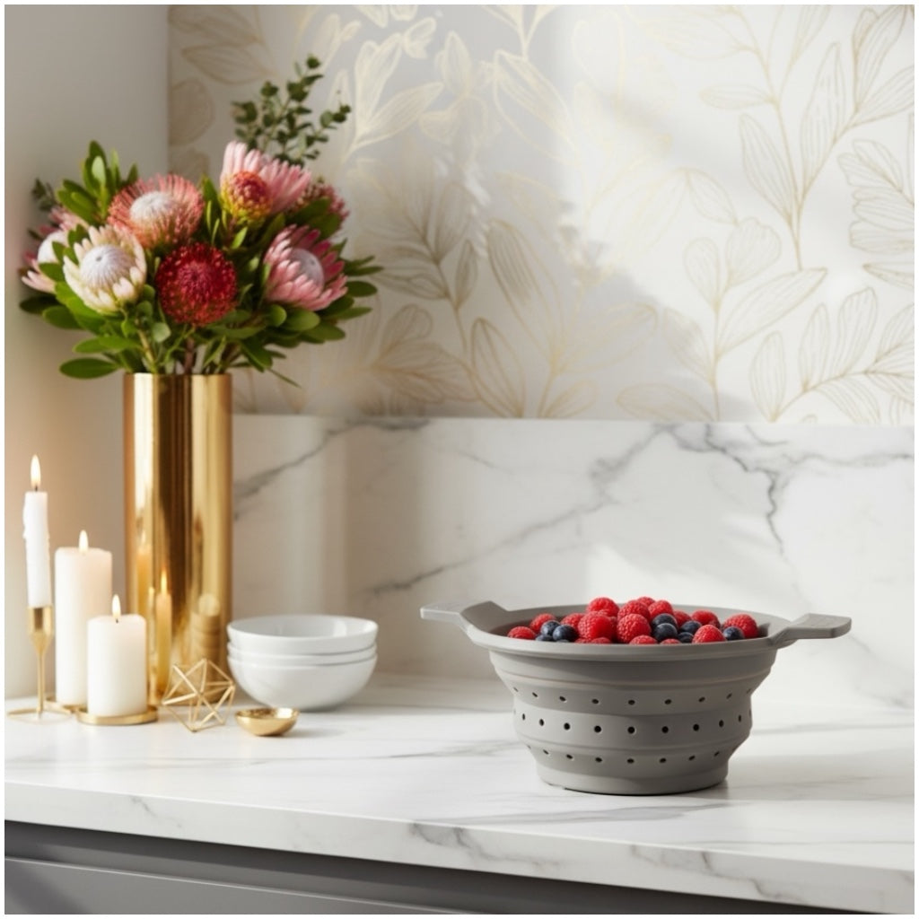 Essential Collapsible Silicone Kitchen Colander- Grey Space-Saving Colander