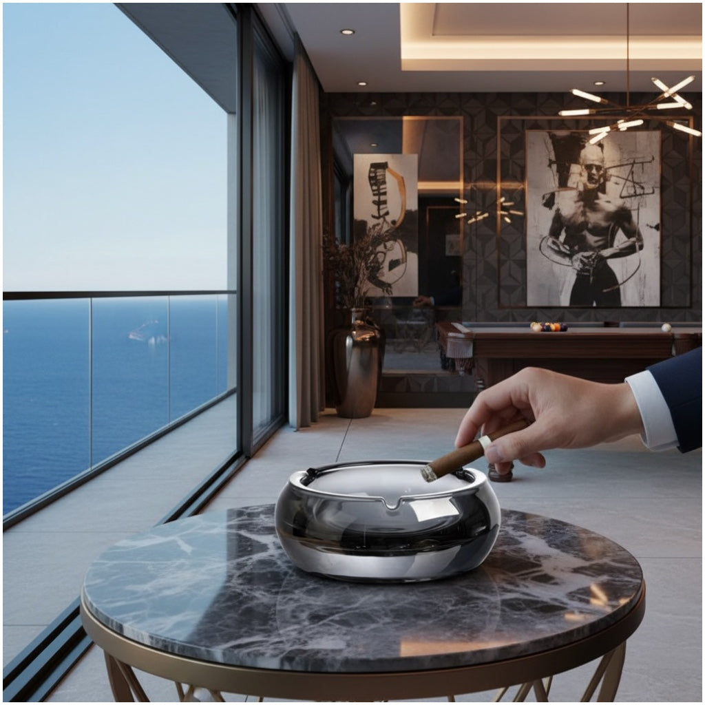 Luxury Reflective Chrome Ashtray – Gun Metal Grey | Modern Design (13cm)