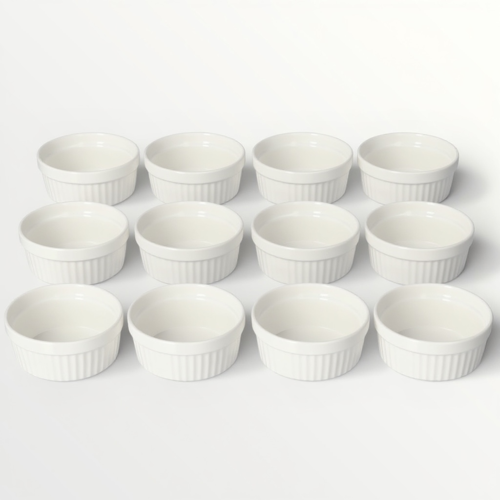 White Porcelain Ramekins Set of 12–Classic Ribbed Dessert and Baking Bowls