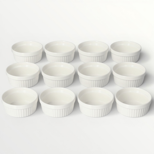 White Porcelain Ramekins Set of 12–Classic Ribbed Dessert and Baking Bowls
