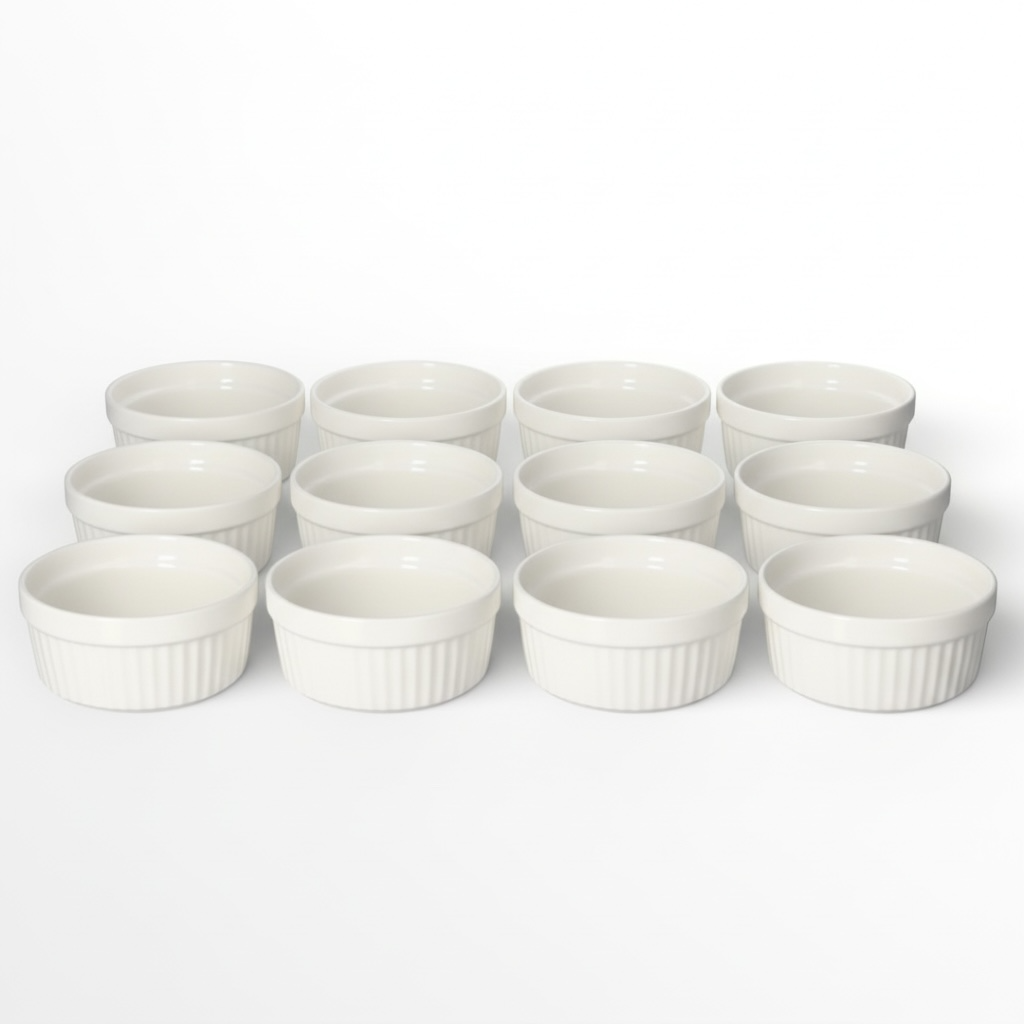 White Porcelain Ramekins Set of 12–Classic Ribbed Dessert and Baking Bowls