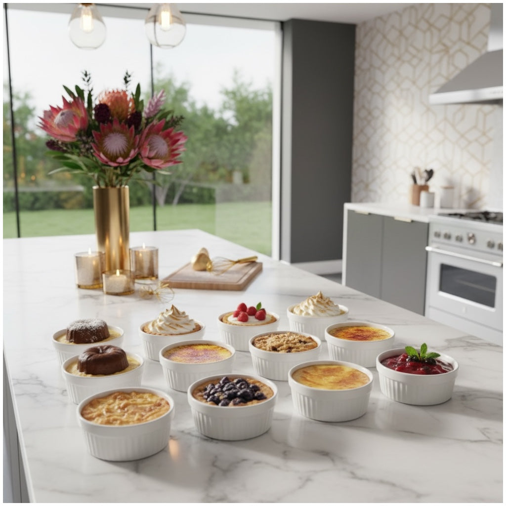 White Porcelain Ramekins Set of 12–Classic Ribbed Dessert and Baking Bowls