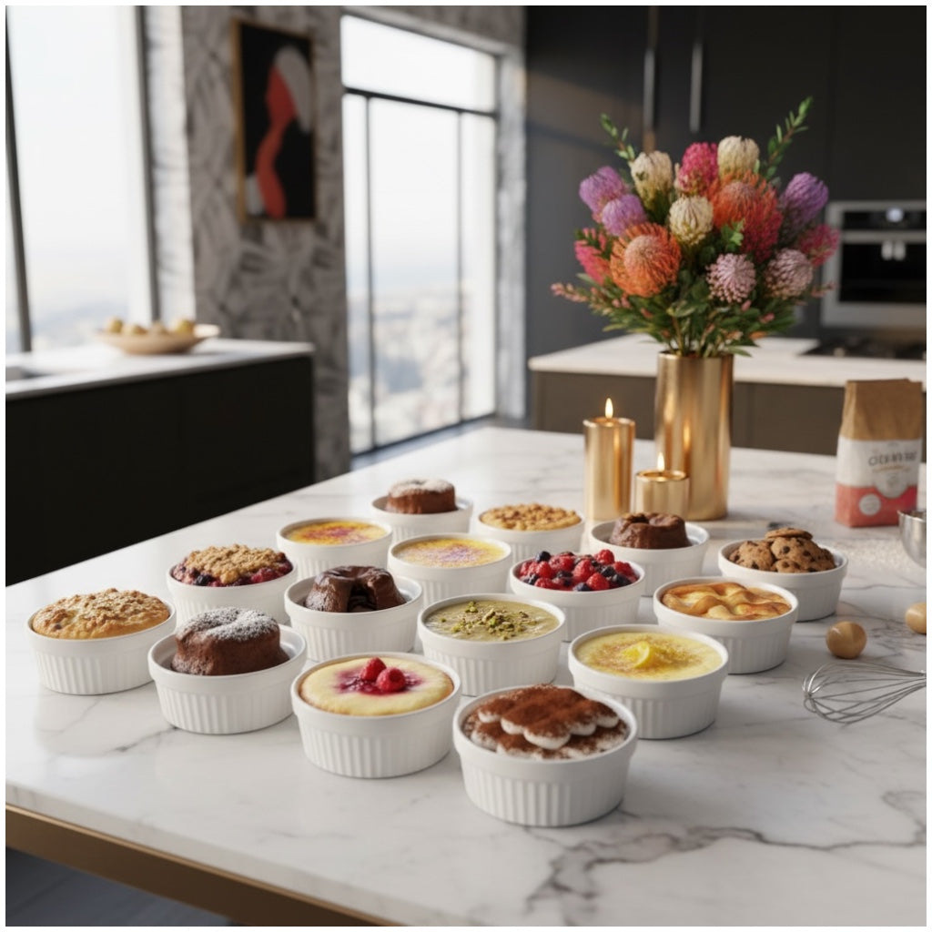 White Porcelain Ramekins Set of 12–Classic Ribbed Dessert and Baking Bowls