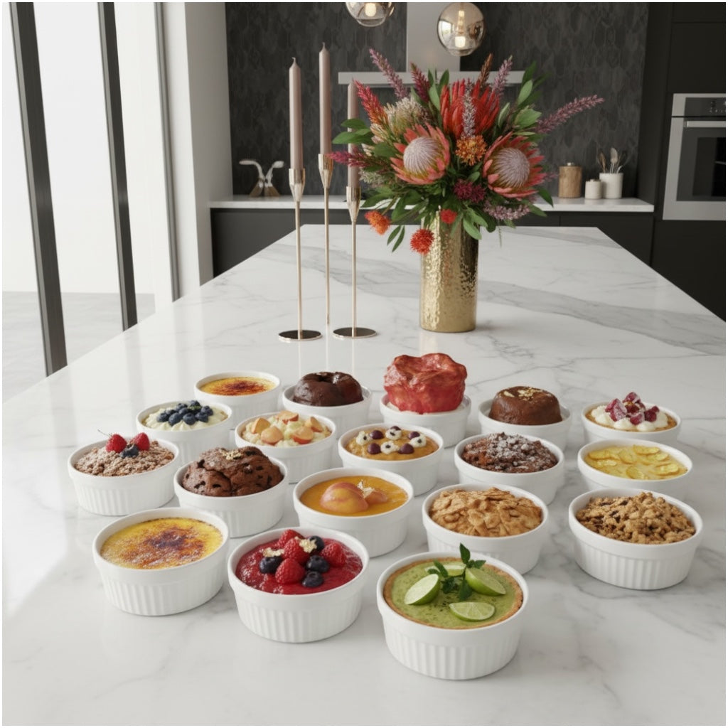 White Porcelain Ramekins Set of 12–Classic Ribbed Dessert and Baking Bowls