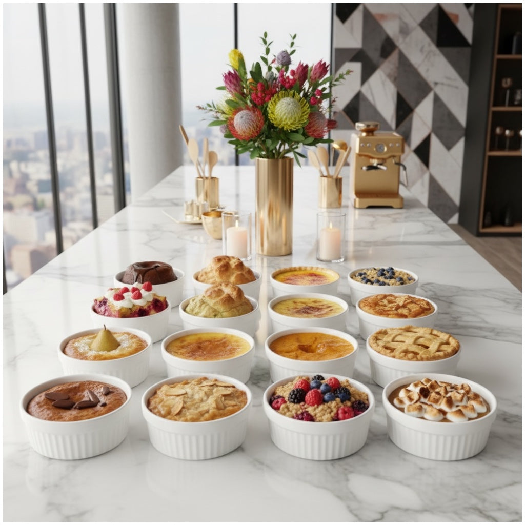 White Porcelain Ramekins Set of 12–Classic Ribbed Dessert and Baking Bowls