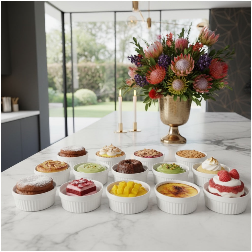 White Porcelain Ramekins Set of 12–Classic Ribbed Dessert and Baking Bowls