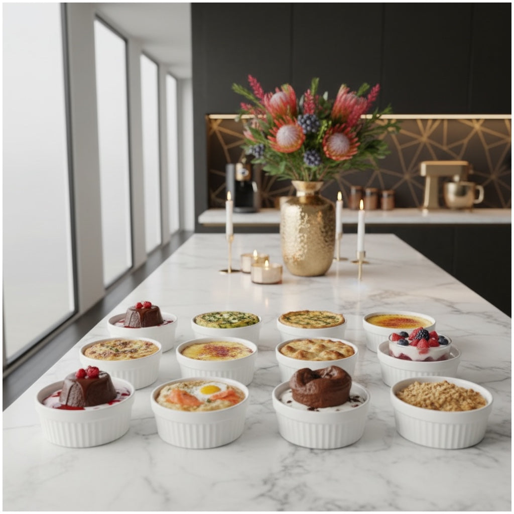 White Porcelain Ramekins Set of 12–Classic Ribbed Dessert and Baking Bowls