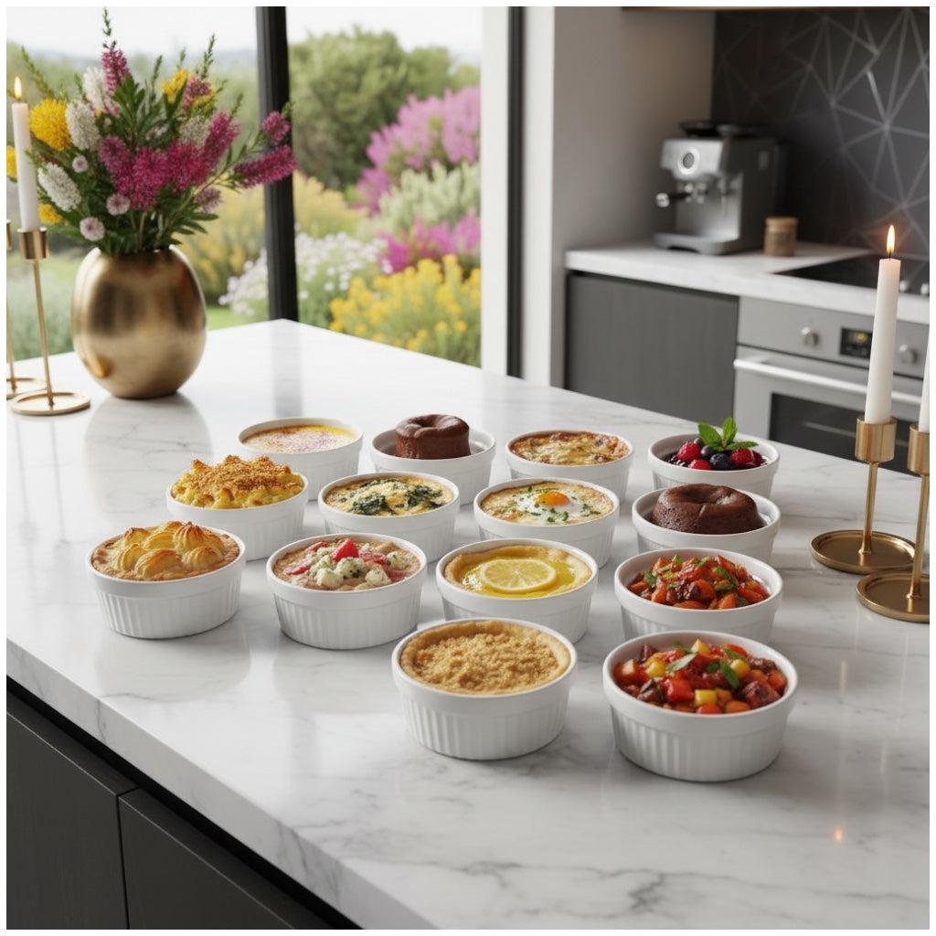 White Porcelain Ramekins Set of 12–Classic Ribbed Dessert and Baking Bowls