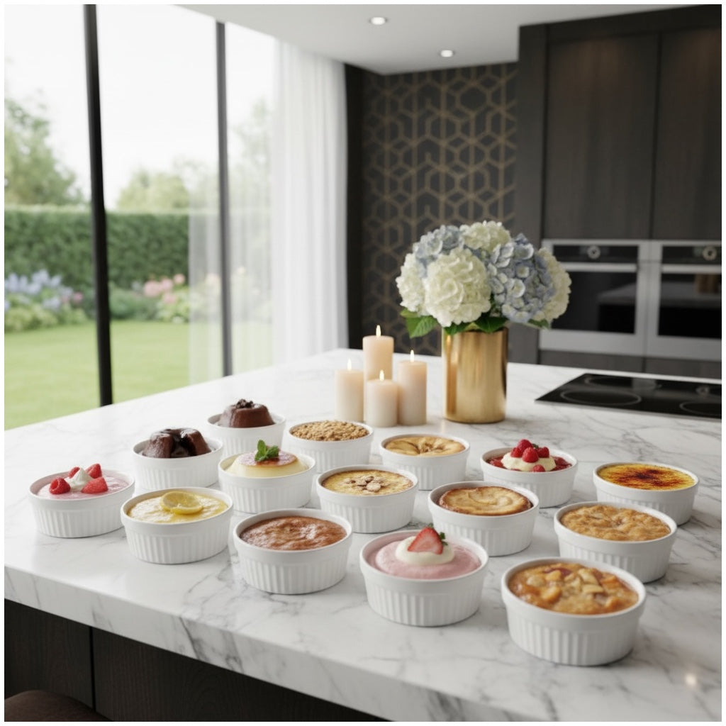 White Porcelain Ramekins Set of 12–Classic Ribbed Dessert and Baking Bowls