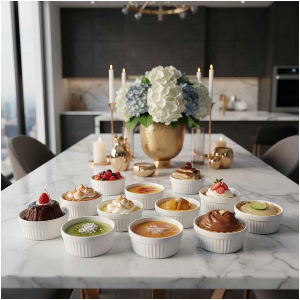 White Porcelain Ramekins Set of 12–Classic Ribbed Dessert and Baking Bowls