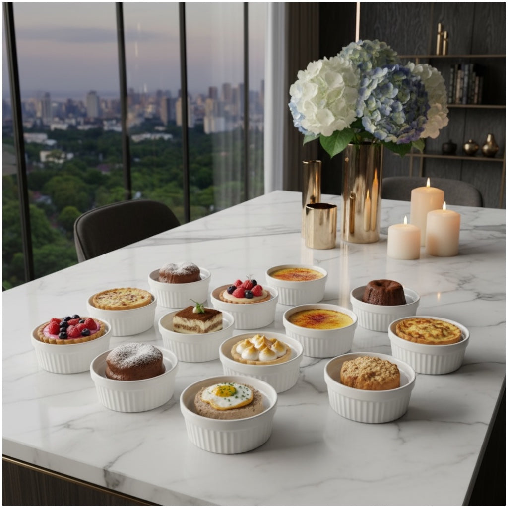 White Porcelain Ramekins Set of 12–Classic Ribbed Dessert and Baking Bowls