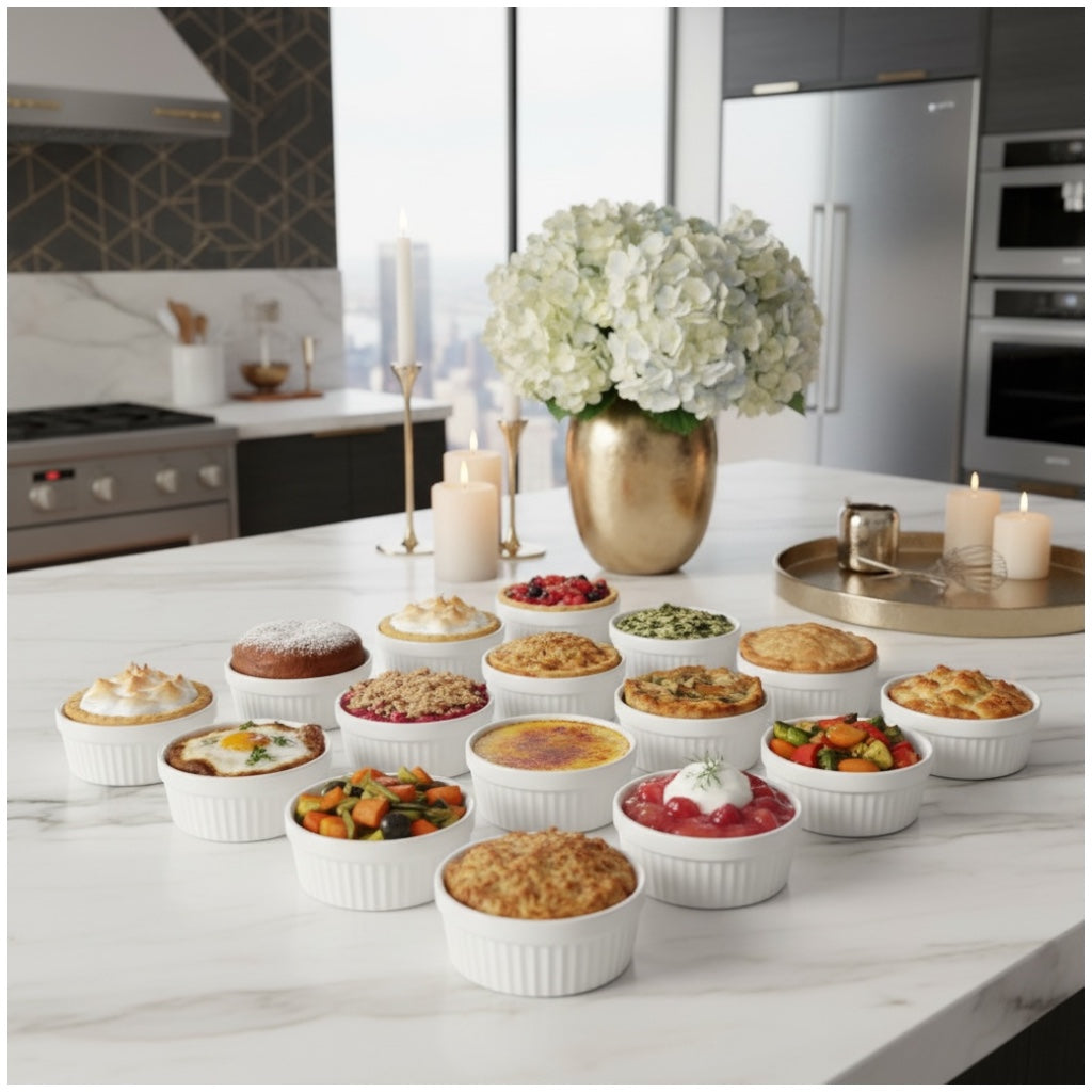 White Porcelain Ramekins Set of 12–Classic Ribbed Dessert and Baking Bowls