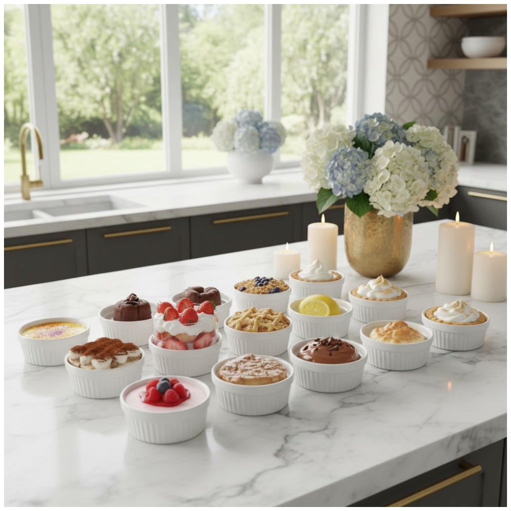 White Porcelain Ramekins Set of 12–Classic Ribbed Dessert and Baking Bowls